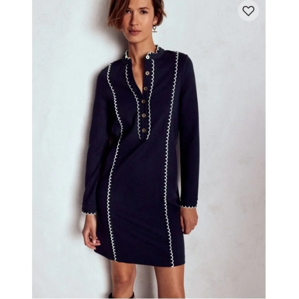 Boden Navy Blue Scalloped Ric Rac Trim Shift Dress Gold Buttons | Size US 10R - Picture 2 of 9